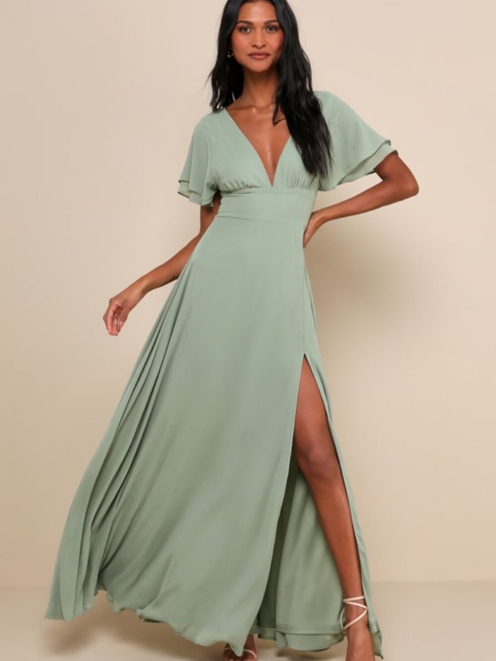 Lulus Promise Of Love Sage Brush Flutter Sleeve Maxi Dress Green - Size M